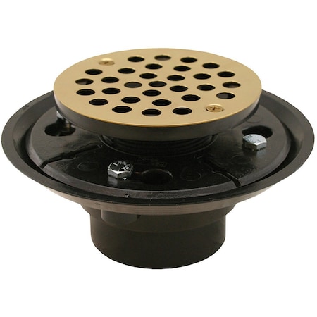 Jones Stephens 2in. x 3in. ABS Shower Drain with 2in. ABS Spud and 4in. Round Polished Brass Strainer D50302